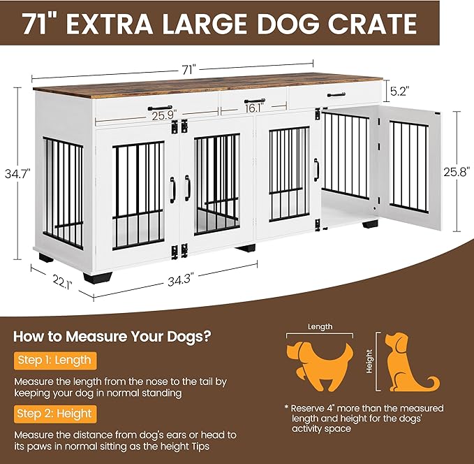 71 Inch Dog Crate Furniture for 2 Rooms, Wooden Double Crate Large Breed with Door, Dog Kennel Indoor, TV Stand End Table with Divider for Large Medium Dogs,White/Brown-PurrikoPets