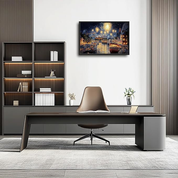 Framed Large Firework Night Sky Wall Art, Oversized European City Landscape Wall Decor for Living Room, River Boats Canvas Pictures Home Decoration for Living Room Bedroom Office 36"x24"-PurrikoPets