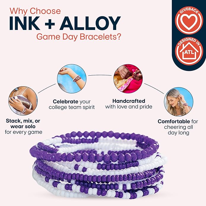 INK + ALLOY Game Day Bracelet Stacks, Beaded Bracelets for Football Gameday Outfits, Handmade Jewelry for College Students, Teachers, Football Moms, Set of 10