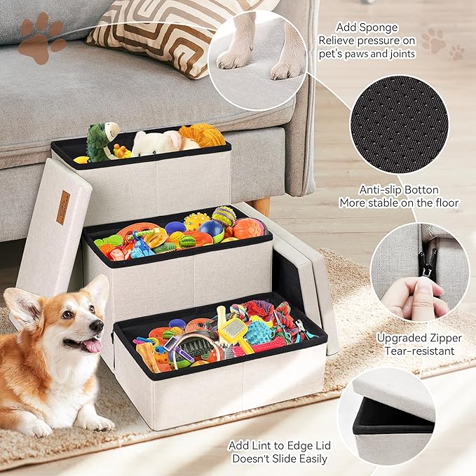Dog Stairs with Storage 18" H, 3-Step Wider Dog Steps for Small/Medium/Large Old Dogs Cats, Folding Sturdy Pet Stairs Climbing Bed or Couch, Ramp for Car Up to 200 lbs (Beige, No Condo)-PurrikoPets