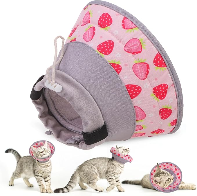 EXPAWLORER Cat Recovery Cone Collar- Soft Adjustable Pet Collar for After Surgery, Waterproof Elizabethan Protective Collar, Stop Licking Donut for Small Medium Kittens (Strawberries M (8.5-12 in))-PurrikoPets
