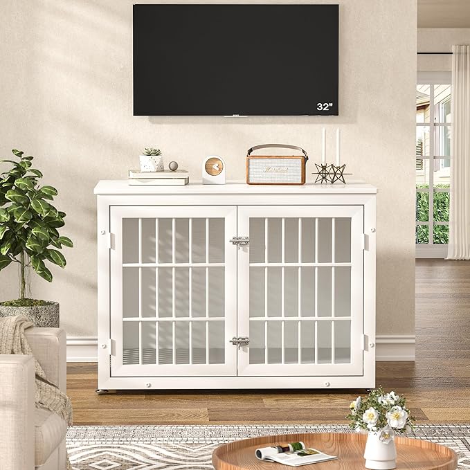 38" Heavy Duty Dog Crate Furniture for Large and Medium Dogs,Wooden Metal Kennel for High Anxiety Dogs, Chew Proof Pet Cage Indoor, Decorative Dog Kennel End Table, White-PurrikoPets
