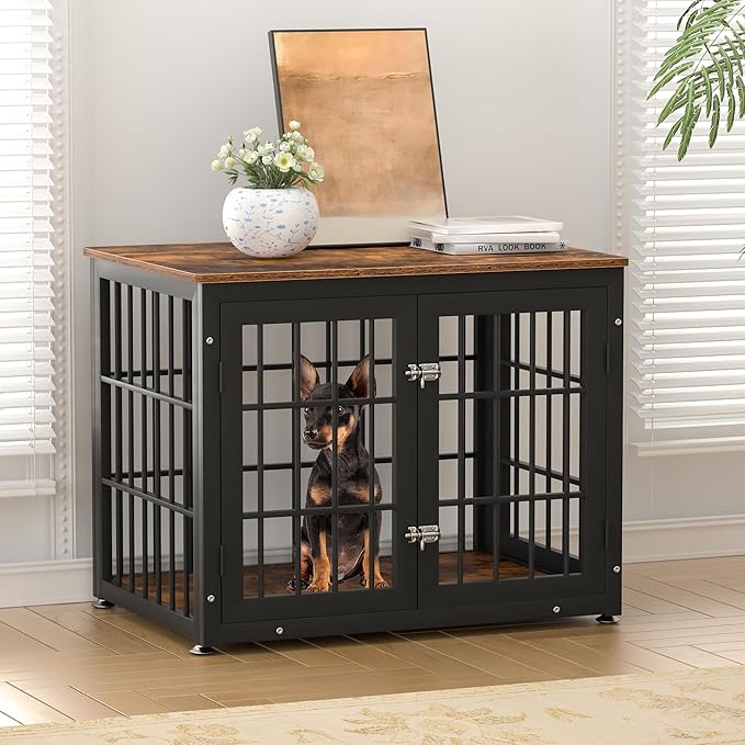 32 Inch Heavy Duty Dog Crate Furniture for Medium and Small Dogs, Decorative Pet House End Table, Wooden Cage Kennel Furniture Indoor, Rustic Brown-PurrikoPets