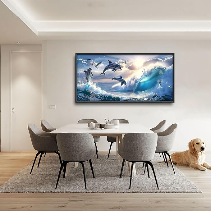 Dolphin Seagull Large Wall Art Sea Ocean Waves Sunrise Pictures Wall Decor Nautical Coastal Canvas Print Painting Artwork for Bathroom Living Room Bedroom 60L" x 30W"-PurrikoPets