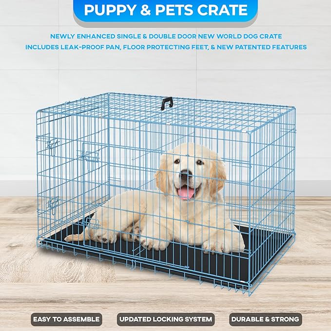 FDW Dog Crate for Medium Dogs 30 Inch Folding Metal WirePet Cage Double Door W/Divider Panel Indoor Outdoor Kennel Leak-Proof Plastic Tray,Blue-PurrikoPets