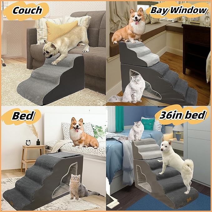 7-Step Dog Stairs for 36 Inch High Beds Small Dogs, Pet Ramp Stairs 20-42 Inch Couch Bed, Non-Slip Balanced Stairs 75lbs for Small Old Large Dogs Cats to Get on Bed-PurrikoPets