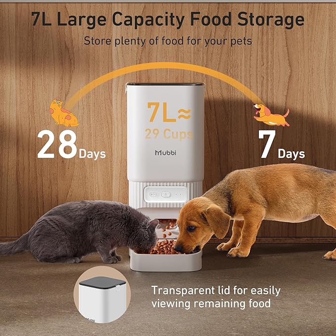 7L/29 Cups Automatic Dog Feeder, 5G WiFi Auto Cat Feeder with Desiccant Bag, Cat Food Dispenser, App Remote Feeding, Stainless Steel Bowl, Dual Power Supply, Ideal for 2-15mm Dry Food-PurrikoPets
