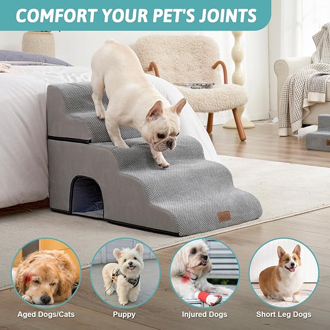 Extra Wide Dog Stairs with Tunnel, Detachable Large Pet Step for Small Medium Dog, Puppy or Cat, Ramp for High Bed, Couch, Sofa or Car, Stable, 19.7x33x22.4 inch, 5 Step, Grey-PurrikoPets