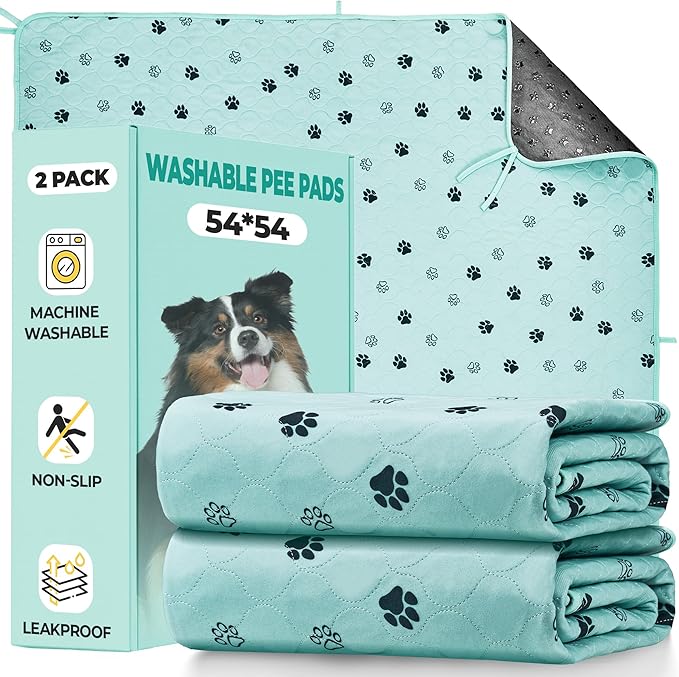 Fostanfly Washable Pee Pads for Dogs, 2 Pack Large 54"x54" Ultra-Absorbent and Leak-Proof Non-Slip Reusable Potty Training Pads for Dogs, Cats, Puppy, Potty of Add 8 Lanyards, Green-PurrikoPets