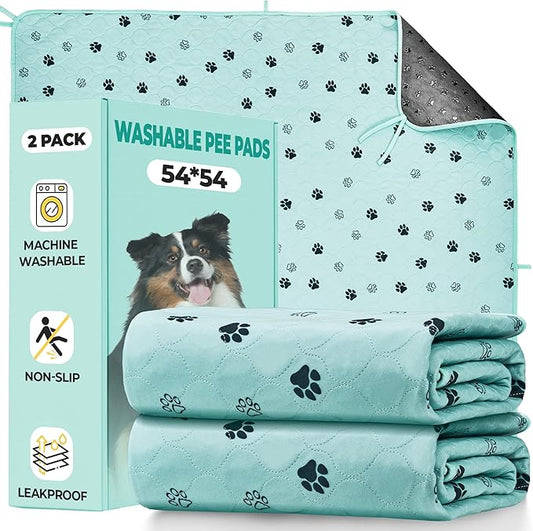 Fostanfly Washable Pee Pads for Dogs, 2 Pack Large 54"x54" Ultra-Absorbent and Leak-Proof Non-Slip Reusable Potty Training Pads for Dogs, Cats, Puppy, Potty of Add 8 Lanyards, Green-PurrikoPets
