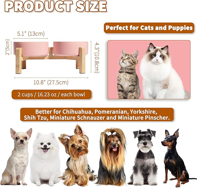 Elevated Ceramic Dog Bowl Set - Raised Feeding Bowls with Non-Slip Bamboo Stand - Small Pet Dishes for Food and Water - Ideal for Cats and Puppies - 16.23 OZ - 2 Cups - 480 ML-PurrikoPets