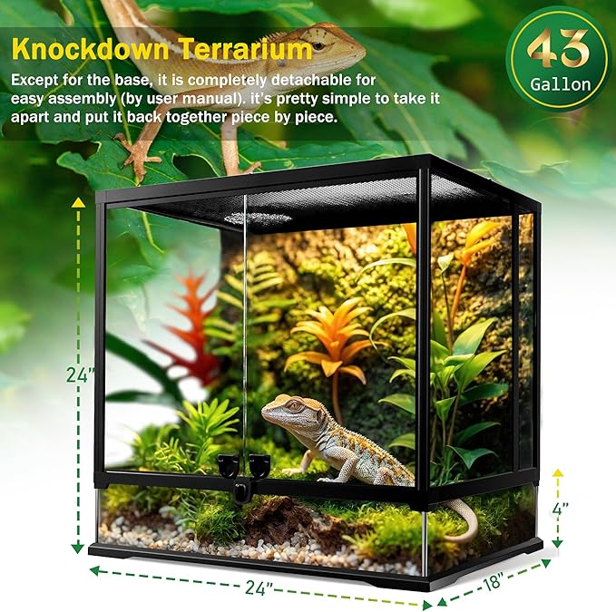 43 Gallon Professional Glass Terrarium 24"x18"x24" Durable Reptile Habitat Tank with Heat Resistant Aluminum Alloy Frame, Dual Front Swinging Doors for no Jam by Sand and Other Debris-PurrikoPets