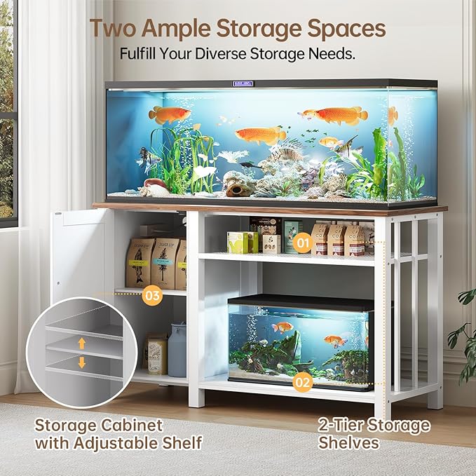 55-75 Gallon Aquarium Stand with Power Outlet, Heavy Duty Fish Tank Stand with Cabinet Storage & Adjustable Shelf, for Fish Tank, Turtle Tank, Reptile Terrarium, 1000LBS Capacity, White-PurrikoPets