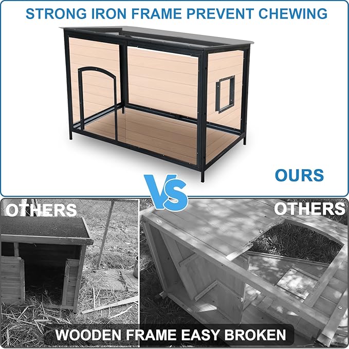 Dog House Outdoor Insulated 34.3" L Dog Kennel 6 Sides All-Round Foam Winter Weatherproof for Small Medium Dogs with Strong Metal Chew Proof Frame-PurrikoPets