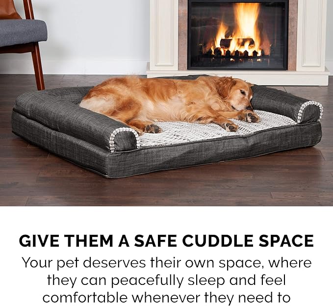 Furhaven Cooling Gel Dog Bed for Large Dogs w/ Removable Bolsters & Washable Cover, For Dogs Up to 95 lbs - Luxe Faux Fur & Performance Linen Sofa - Charcoal, Jumbo/XL-PurrikoPets