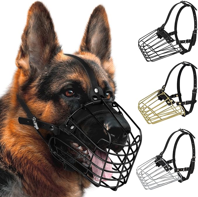 German Shepherd Dog Muzzle Metal Basket for Medium Large Dogs Adjustable Durable Leather Straps Secure Wire Mask for Biting Chewing Barking (Black, L - Size)-PurrikoPets