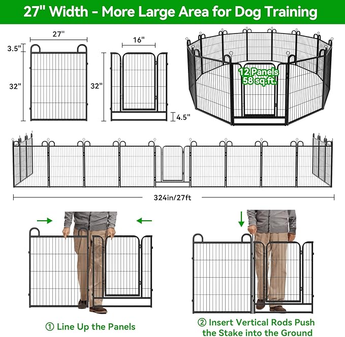 Dog Playpen Outdoor 12 Panels Heavy Duty Dog Fence 32" Height Anti-Rust with Doors Portable for RV Camping Yard, Total 27FT, 58 Sq.ft, Snowy Black-PurrikoPets