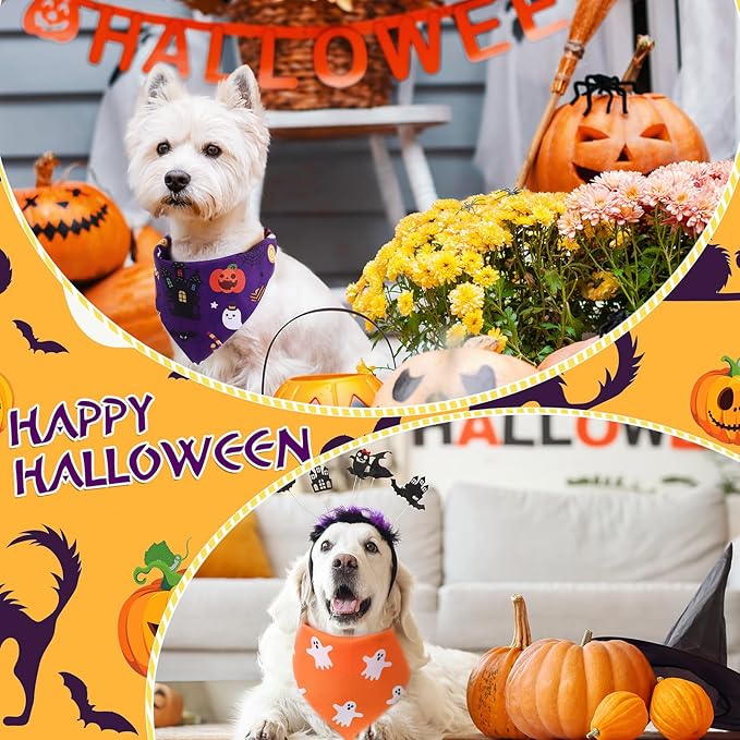 Abbylike 50 Pcs Halloween Dog Bandanas Bulk Pumpkin Bandanas for Dogs Triangle Kerchief Bibs Scarf Set for Pet Halloween Costume Photo Props Accessories Pet Shops, 25 Styles (25.6 x 17.7 x 17.7")-PurrikoPets