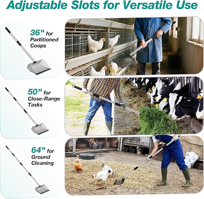 Adjustable Chicken Poop Scooper, Heavy Duty Stainless Steel Chicken Rake with 3-Slot Pole, Multi-Use Pet Waste Shovel & Hay Scooper - 36"/50"/64" Length-PurrikoPets