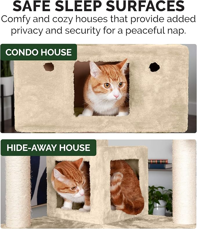 Furhaven 69.3" Tall Cat Tree for Indoor Cats, Ft. Sisal Scratching Posts, 2x Cat Condos, & Toys - Tiger Tough Double Decker Interactive Playground Tower - Cream, One Size-PurrikoPets