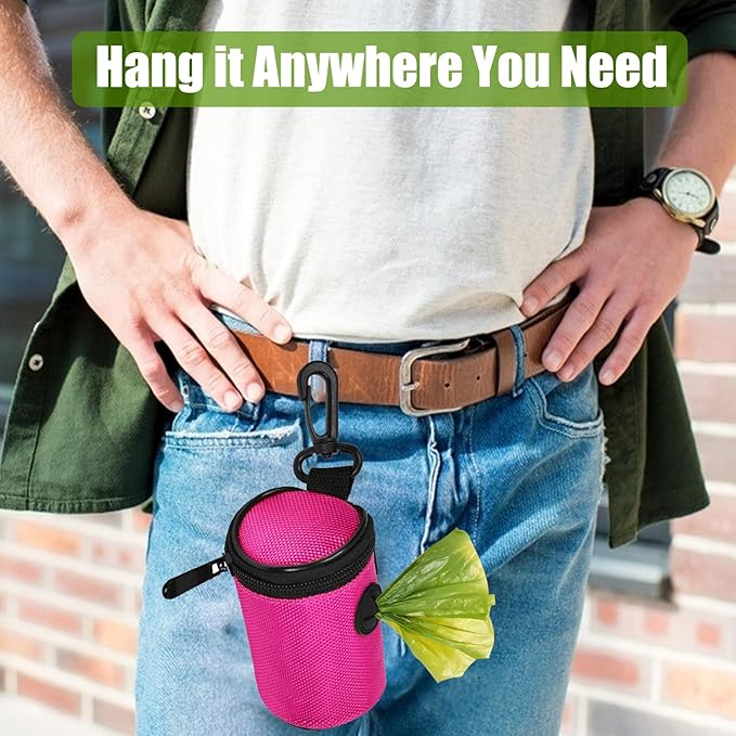 Dog Poop Bag Dispenser for Leash Attachment - Portable Set With Waste Bags & Hand-Free Carrier, Fits Any Leash, Round, Pink-PurrikoPets