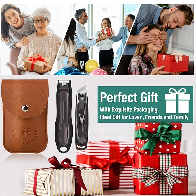 GLAMFIELDS Nail Clipper with Catcher, Large Fingernail Toenail Clipper,Slanted Edge Nail Clippers Leather Case Packed Good Gift for Men and Women 2PACK Large/Small-PurrikoPets