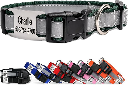 GoTags Reflective Personalized Dog Collar with Nameplate, Adjustable Dog Collar with Custom Engraved Steel Slide On Pet ID Tag, Silent, No Noise Dog Tag (Hunter Green, Medium)-PurrikoPets