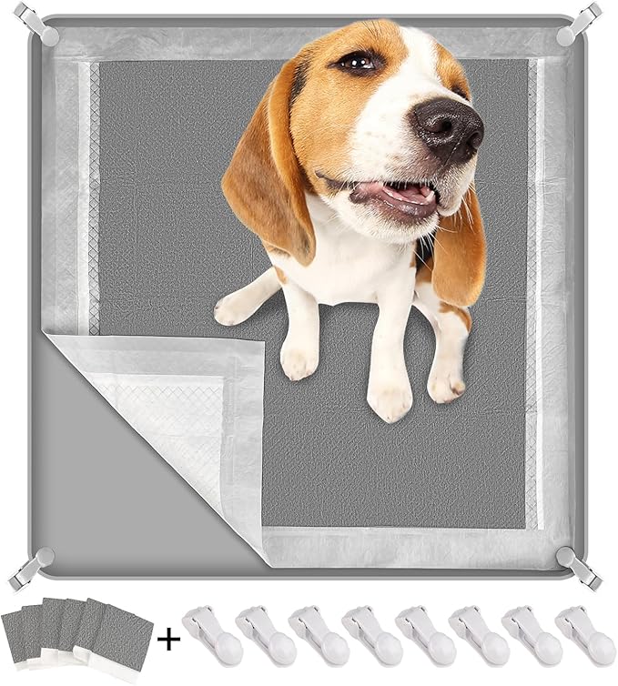 Dog Pee Pad Holder, Puppy Pad Holder Tray for 24'' x 24'' Training Pads, 15pcs Dog Potty Tray Set Include High Edge Silicone Mat & 6 Activated Charcoal Disposable Puppy Pads & 8 Holder Clamps-PurrikoPets