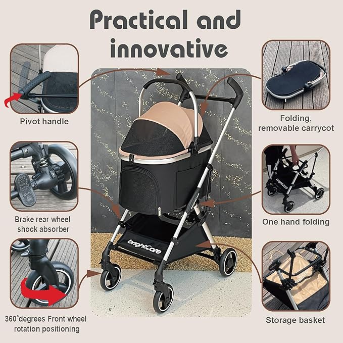 3-in-1 Small Pet Carrier with Stroller for Small Dogs & Cats Under 20 lb – Removable Carrier Converts to Car Seat – Lightweight, One-Hand Fold, No-Zipper Entry-PurrikoPets