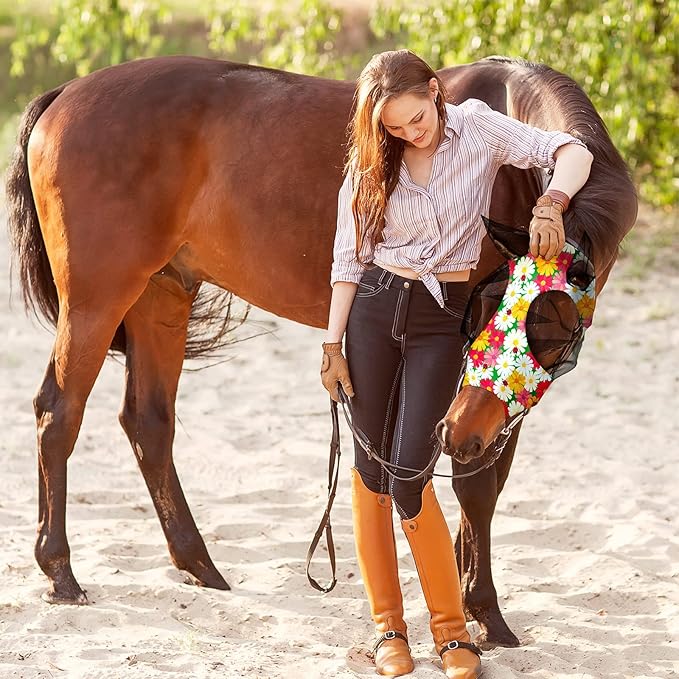 Frienda 4 Pieces Horse Fly Masks with Ears Face Covering UV Protection from Insect Pests Elasticity Smooth Comfortable Mesh Horse Mask Accessories(Flower,Medium)-PurrikoPets