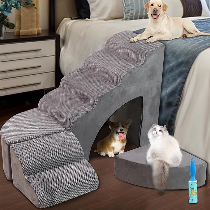 Foam Dog Stairs & Steps Ramps for High Beds 30 inches Tall for Small Dogs and Cats, LitaiL 6 Step Pet Stairs Steps for High Beds 30 inch Large Dogs, Non-Slip Dog Ramps for Older Cat-PurrikoPets