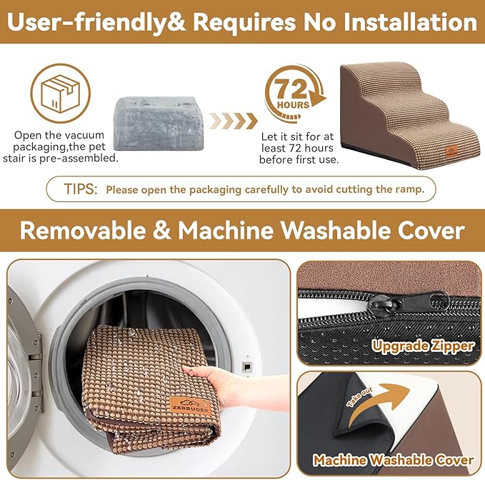 Dog Ramp and Stair for Bed 16" H-20 H,3-Step Cat Stair for Sofa and Chair,4-Step Dog Ramp for High Bed and Window,Durable Nonslip Fabric Cover for Indoor (Coffee-16 H, Pet Friendly, 3)-PurrikoPets