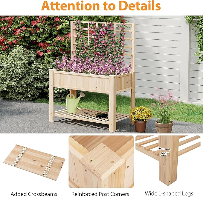 Giantex Raised Garden Bed with Trellis, Wooden Elevated Planter Box with Legs, Drainage Holes for Climbing Plants Vines Vegetables Flowers Herbs, Outdoor Horticulture Planter for Patio Yard-PurrikoPets