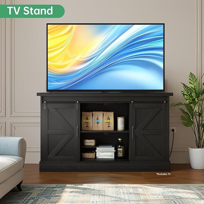 Fish Tank Stand Up to 75 Gallon, Aquarium Stand with Sliding Barn Doors & Power Outlet, Black Farmhouse Style Stand with Cabinet Storage for Fish Tank, Turtle Tank, Reptile Terrarium,1000LBS Capacity-PurrikoPets