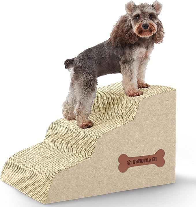 Dog Stairs 3-Step for Small Dogs and Cats to Get on Bed and Furniture/Windows, Pets Can Climb, Sit, or Perch to Look Out Windows, Extra Wide Dog Steps, Non-Slip Waterproof Fabric Cover, Beige（15.7" H）-PurrikoPets