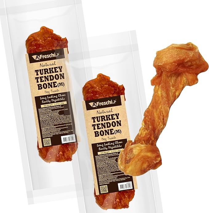 Afreschi Natural Turkey Tendon Bone (M) Pack of 2, Dog Treats for Signature Series, All Natural Human Grade Puppy Chew, USA-Sourced Turkey Tendon, Hypoallergenic, Rawhide Alternative-PurrikoPets
