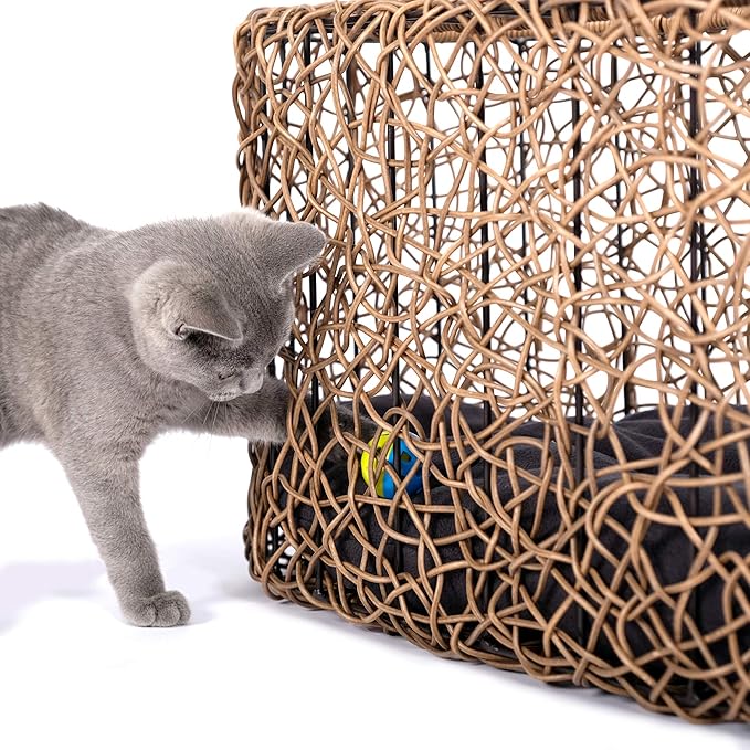 Fun Stackable Cat Condo for Indoor Cats - Interactive Play Faux Rattan Cat House for Indoor Cats Kitty, Pet Friendly Top/Side House Entry, Cat Bed Enclosed-PurrikoPets