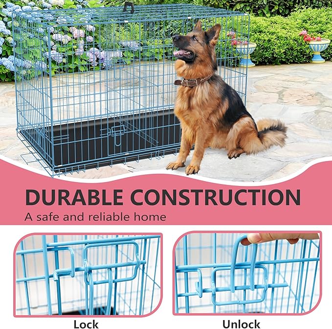 FDW Dog Crate for Large Dogs 48 Inch Folding Metal WirePet Cage Double Door W/Divider Panel Indoor Outdoor Kennel Leak-Proof Plastic Tray,Blue-PurrikoPets