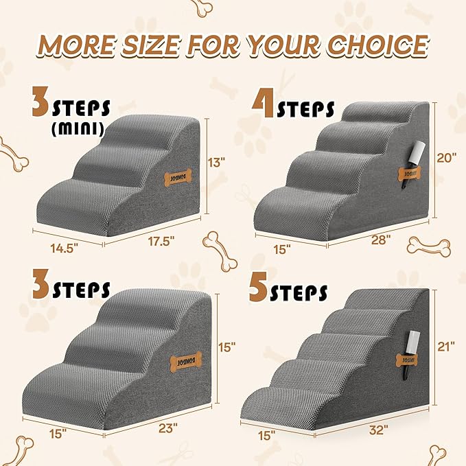Dog Stairs, Romrol Dog Steps Ramp for High Bed and Couch, Dogs Ramp with Durable Non-Slip Waterproof Fabric Cover, Pet Stairs for Small Dogs and Cats or Pets Joints, 4-Tiers,Grey-PurrikoPets