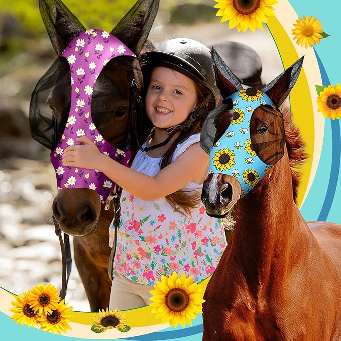 Frienda 4 Pieces Horse Fly Masks with Ears Face Covering UV Protection from Insect Pests Elasticity Smooth Comfortable Mesh Horse Mask Accessories(Flower,Medium)-PurrikoPets