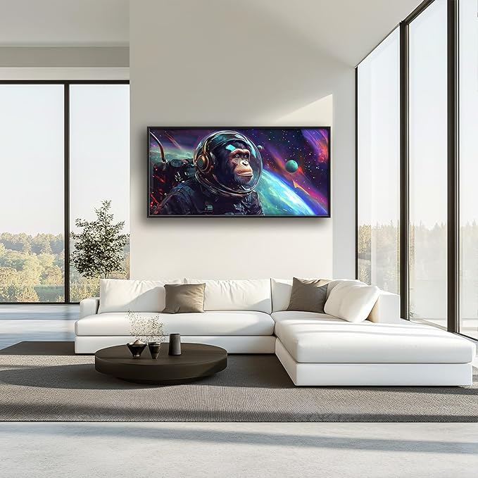 Framed Large Monkey Astronaut Wall Art, Oversized Chimpanzee Spacemen Wall Decor for Living Room, Outer Space Canvas Painting Pictures Modern Artwork for Living Room Bedroom Office 60"x30"-PurrikoPets