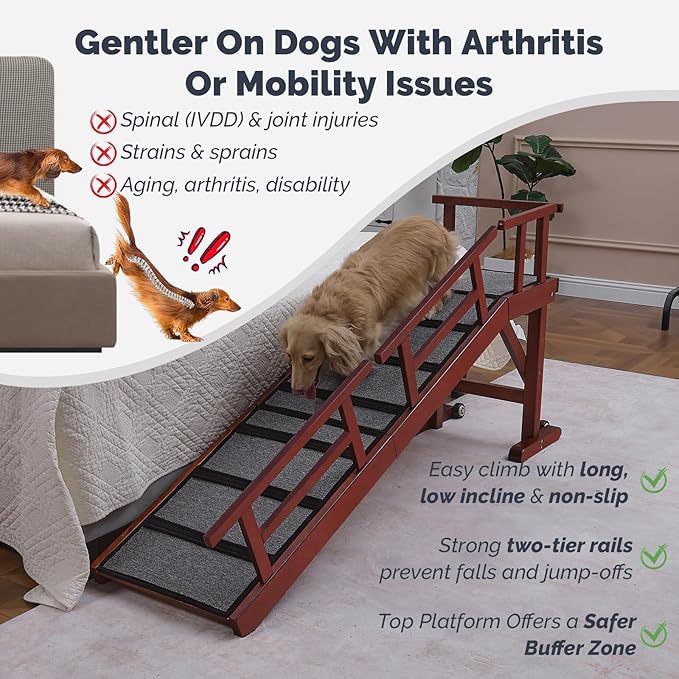 Dog Ramp for Bed or Couch, Wooden Pet Ramp with 20° Gentle Slope, Removable Side Rails, Non-Slip Surface, Top Platform & Wheels, Safe Bed Ramp for Small, Medium & Senior Dogs, 60" Long, Mahogany-PurrikoPets