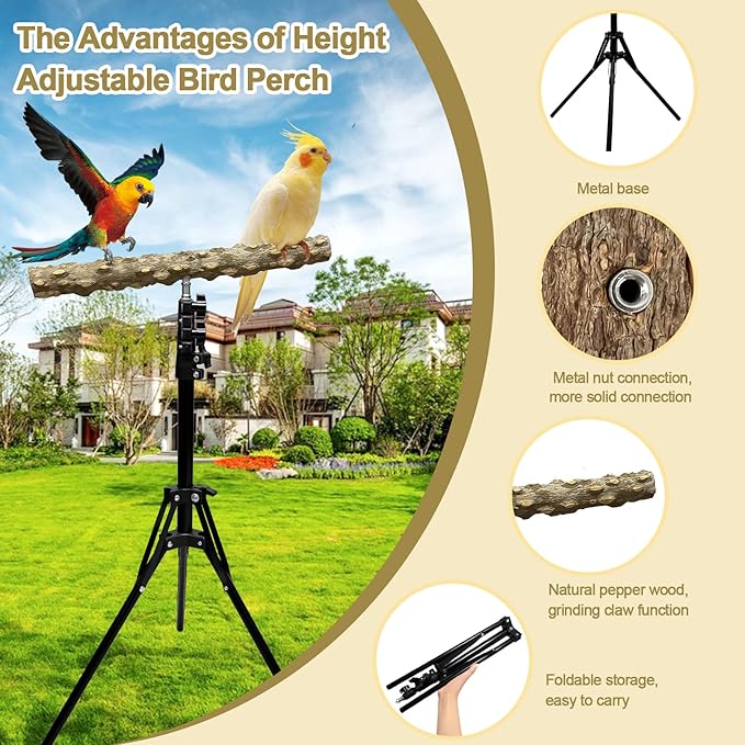 16-63 Inch Height Adjustable Bird Perch Pepper Wood Bird Training Perch Stand Parakeet Perches Indoor and Outdoor Parrot Stands for Small to Medium Bird-PurrikoPets