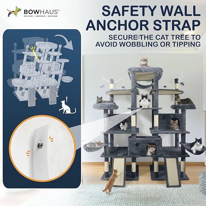 Extra Large 80-Inch Tall Cat Tree w/Widened Perch for Large Cats, Big Cat Tower Indoor, Modern Multi-Level Activity Tower with Scratching Posts, Condos, Baskets, Hammock, Scratching Ramps-PurrikoPets