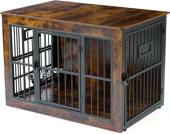 Gardner Pet Dog Crate Furniture for Medium Dogs, 38.8 Inch Dog Kennel Indoor, Wooden Dog Cage End Table with 2 Removable Bowls, Heavy Duty Dog Crate, Rustic Brown-PurrikoPets