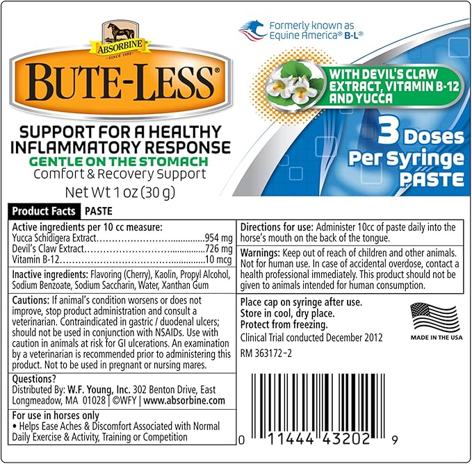 Absorbine Bute-Less Long-Term Horse Comfort & Recovery Supplement Paste, Gentle on Stomach, Devil’s Claw, Vitamin B-12, Yucca, 1oz Syringe / 3 Doses-PurrikoPets