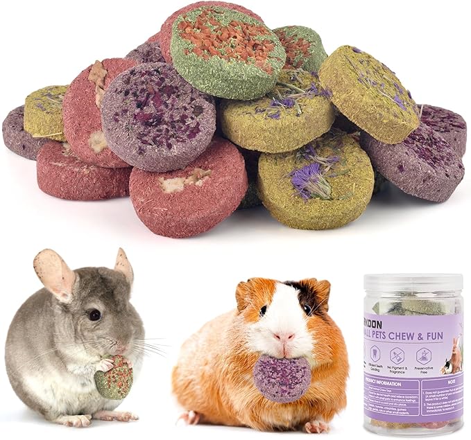 ERKOON 24Pcs Bunny Chew Toys, Small Animal Molar Toys Timothy Grass Beet Sweet Potato Pumpkin Cake Treats for Guinea Pig Hamster Bunny Chinchilla Gerbil, 100% Natural Rabbit Chews and Treats-PurrikoPets