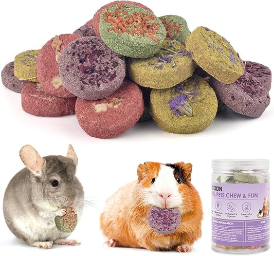 ERKOON 24Pcs Bunny Chew Toys, Small Animal Molar Toys Timothy Grass Beet Sweet Potato Pumpkin Cake Treats for Guinea Pig Hamster Bunny Chinchilla Gerbil, 100% Natural Rabbit Chews and Treats-PurrikoPets