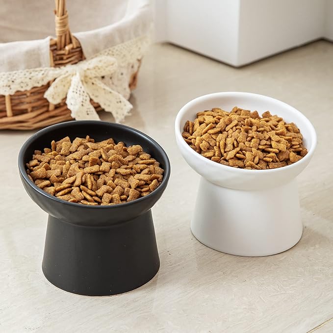 4 Pcs Small Ceramic Raised Cat Bowls, Tilted Elevated Food or Water Bowls, Stress Free, Backflow Prevention, Dishwasher and Microwave Safe, Lead & Cadmium Free(4pc White)-PurrikoPets