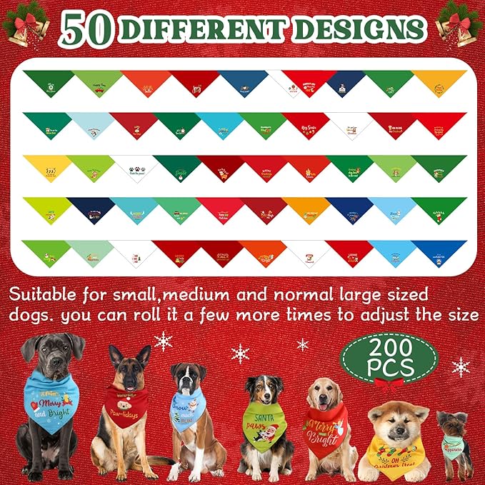 200 Pcs Christmas Dog Bandana Bulk with Sayings Pet Bandanas Triangle Scarf Bibs Washable Puppy Kerchief Adjustable Grooming Supplies for Small Medium Large Dog Cat Costume Accessories-PurrikoPets
